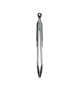 Metal tongs with black ends on a white background