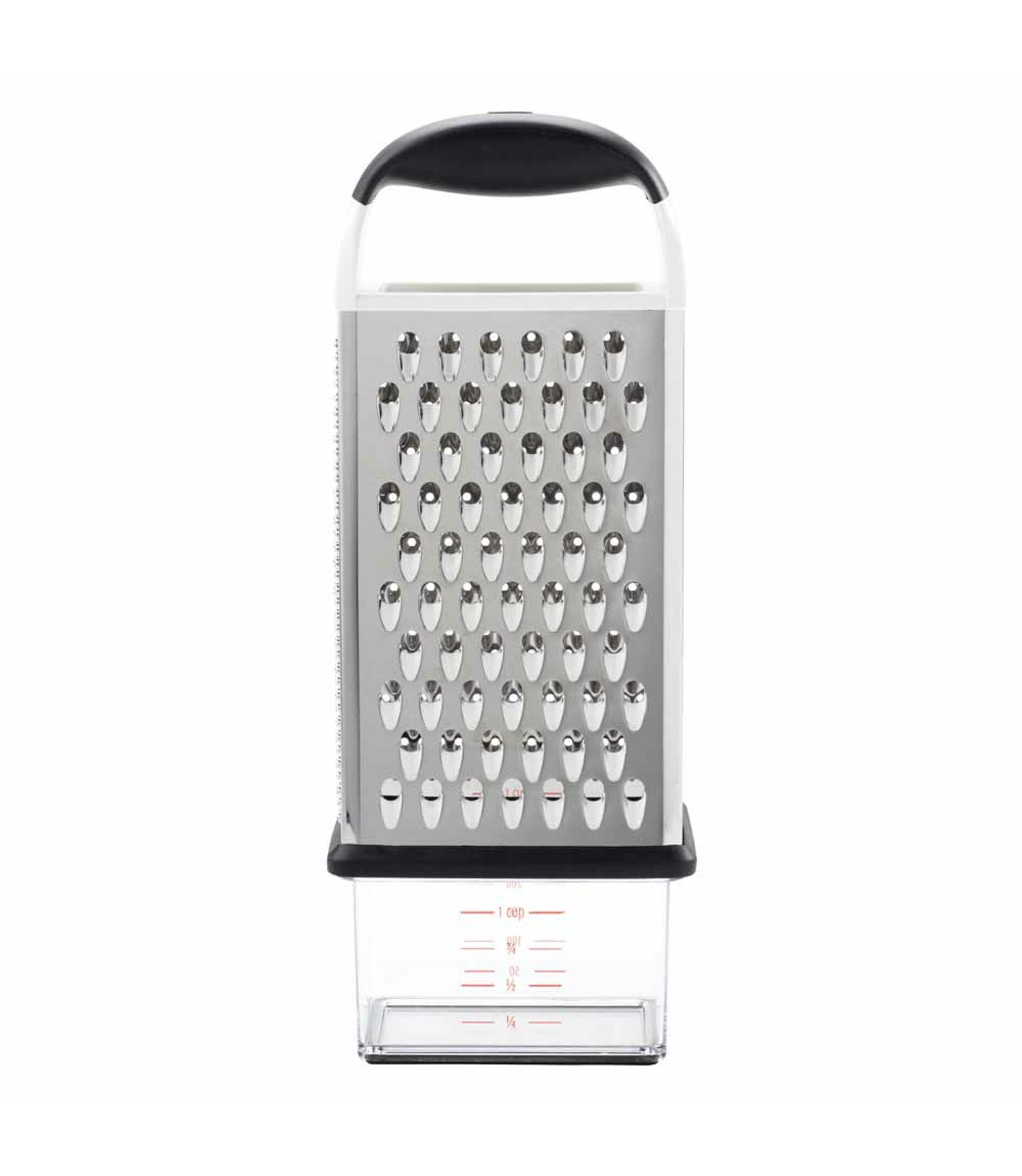 Box grater with metal surface and black handle on a white background
