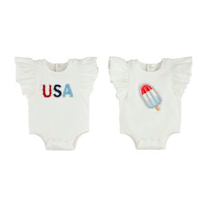 Two baby rompers with 'USA' and ice cream design on a white background