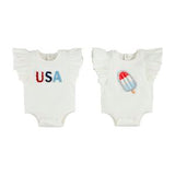 Two baby rompers with 'USA' and ice cream design on a white background