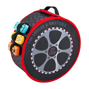 Toy car carrier with tire design and toy cars on a white background