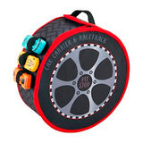 Toy car carrier with tire design and toy cars on a white background