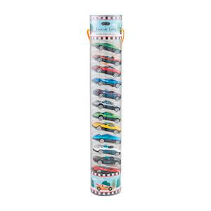 Tube packaging with toy cars on a white background