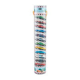 Tube packaging with toy cars on a white background