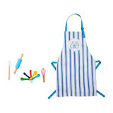 Striped apron with 'Little Chef' text and kitchen tools on a white background