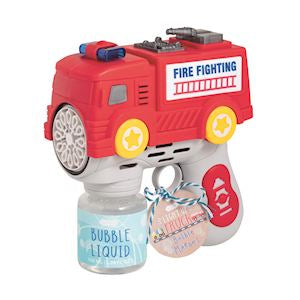 Toy bubble gun designed like a fire truck with 'Fire Fighting' text on a white background