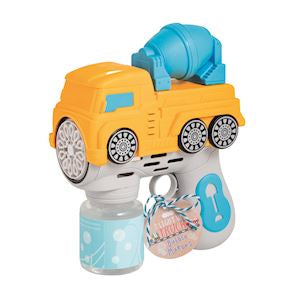 Toy construction vehicle with blue and yellow colors on a white background