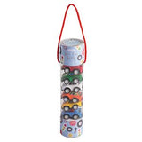A tall cylindrical storage tube filled with small toy cars in multiple colors, with a red hanging loop at the top and a printed label near the cap.