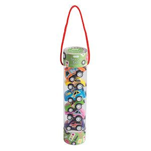 A clear cylindrical storage container with a red hanging loop and a green printed lid, filled with small colorful toy cars. The lid text reads 'TRUCKS & CARS'.
