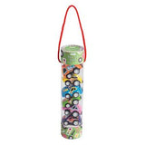 A clear cylindrical storage container with a red hanging loop and a green printed lid, filled with small colorful toy cars. The lid text reads 'TRUCKS & CARS'.