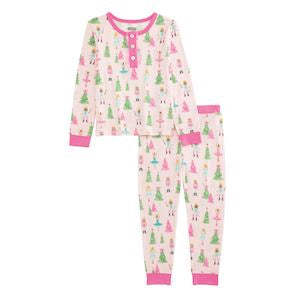Children's pajama set with Christmas tree pattern on a white background
