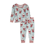 Children's pajama set with Santa Claus pattern on a light blue background