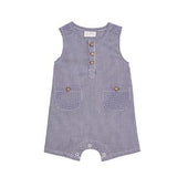 Blue and white checkered romper with button details on a white background