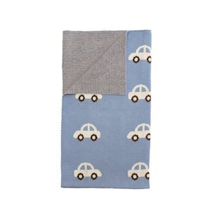 Baby blanket with car pattern on a blue background