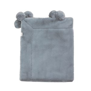 Gray plush blanket with pom-pom ends on a white background