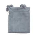 Gray plush blanket with pom-pom ends on a white background