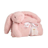 Pink plush bunny with a blanket on a white background