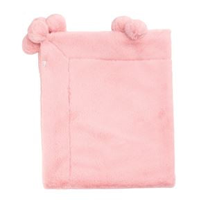 Pink plush blanket with pom-pom ears on a white background