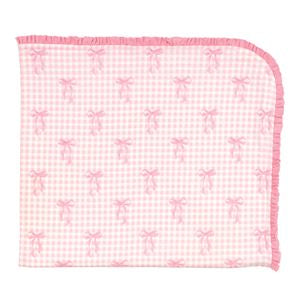 Pink checkered fabric with butterfly pattern on a white background