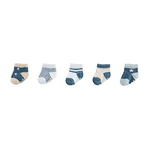 Set of five baby socks with star patterns on a white background