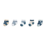 Set of five baby socks with star patterns on a white background