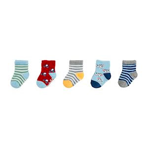 Set of five colorful baby socks on a white background