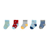 Set of five colorful baby socks on a white background