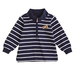Navy and white striped sweater with a football patch on a white background