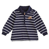 Navy and white striped sweater with a football patch on a white background