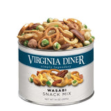 A 14 oz can of Virginia Diner Wasabi Snack Mix, showing the colorful snack mix piled over the top of the label, on a solid white background.
