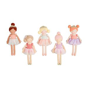 A set of five ballerina doll figurines, each wearing different styles of pink and white ballet outfits. The dolls vary in appearance with some wearing crowns.