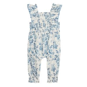 Floral-patterned baby romper on a white background