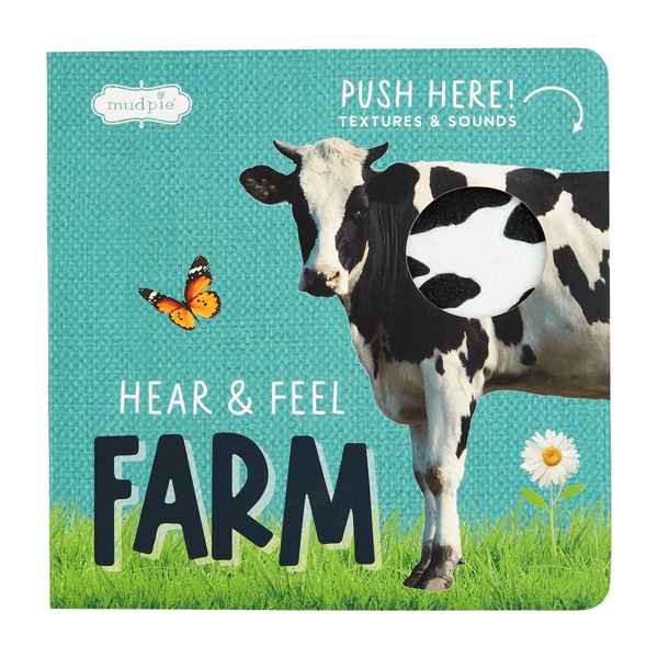 Children's book cover with a cow, butterfly, and flower on a blue background