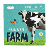 Children's book cover with a cow, butterfly, and flower on a blue background