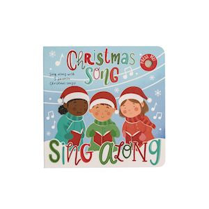 Children's book cover with three children in Christmas hats and the title 'Christmas Song Sing Along'.