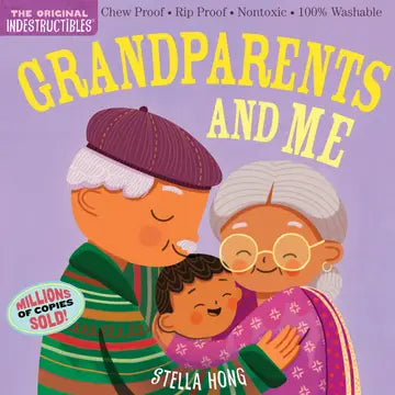 Book cover of 'Grandparents and Me' with illustrations of a child and two grandparents on a purple background.