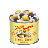 Yellow tin of Red Rocker lemon burst candy on a white background
