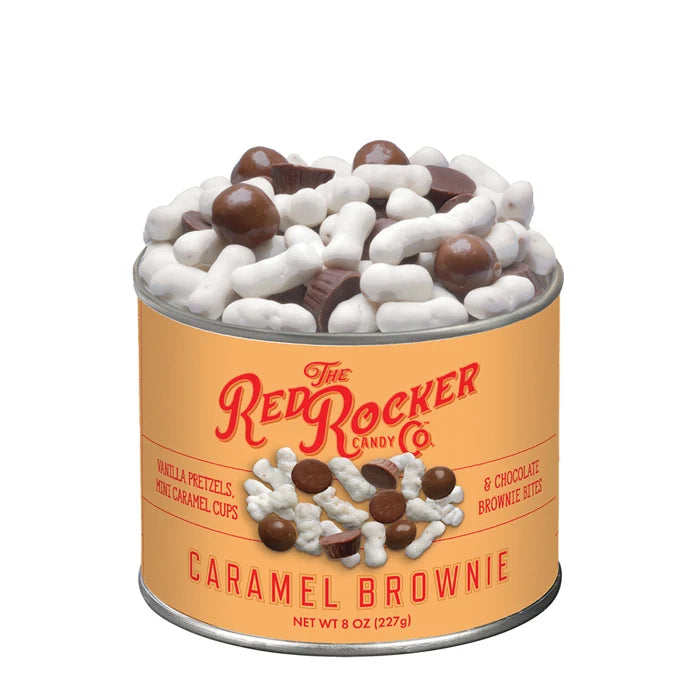 Caramel brownie candy mix in a Red Rocker can on a white background