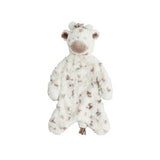 Plush toy bear with white fur and brown accents on a white background