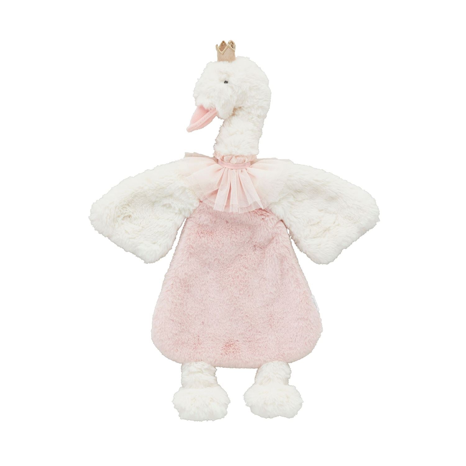 Plush toy swan with a pink dress and crown on a white background