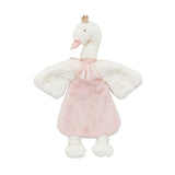 Plush toy swan with a pink dress and crown on a white background
