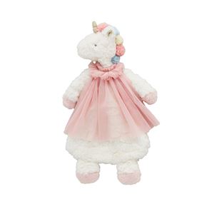 Stuffed unicorn toy in a pink dress on a white background