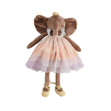 Stuffed elephant toy in a dress with a white background