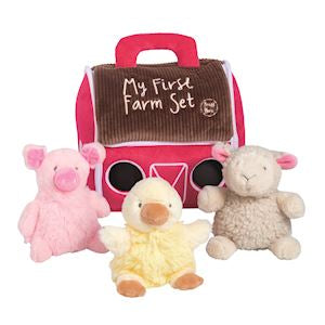 Pink toy truck with 'My First Farm Set' text, accompanied by a pink pig, yellow duck, and beige lamb on a white background.