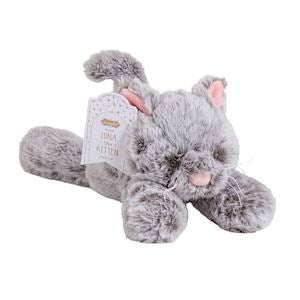 Gray plush cat toy with a label on a white background
