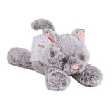 Gray plush cat toy with a label on a white background