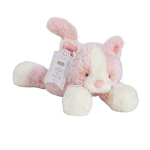 Pink plush bunny with a label on a white background