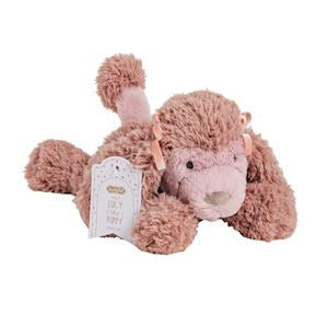 Pink plush dog toy with a tag on a white background