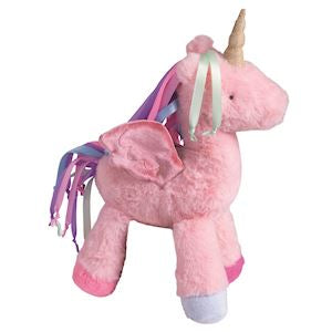 Pink plush unicorn toy with a white horn on a white background