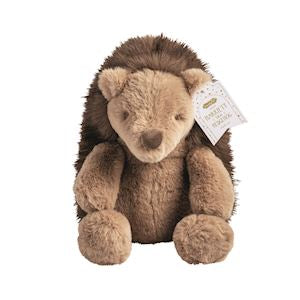A plush hedgehog toy with a soft tan face and body and a darker brown fuzzy hedgehog body, shown against a plain white background with a small product tag attached.
